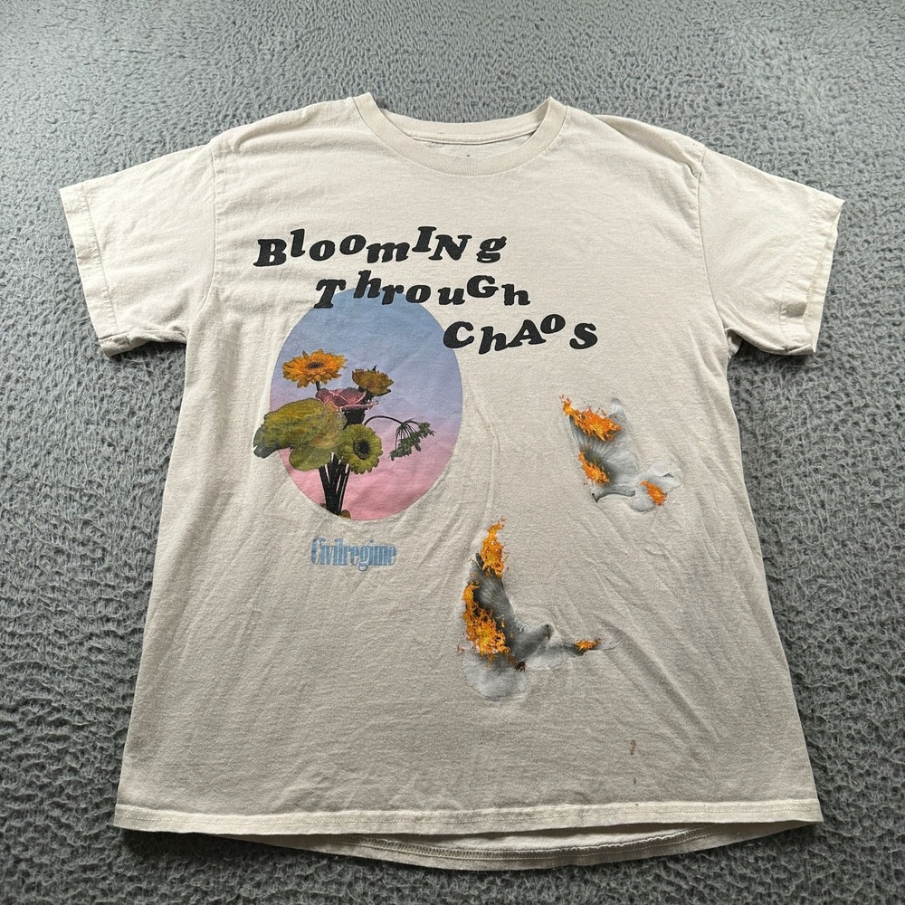 Civilregime‎ T-Shirt Mens L Blooming Through Chaos Graphic Distressed Beige